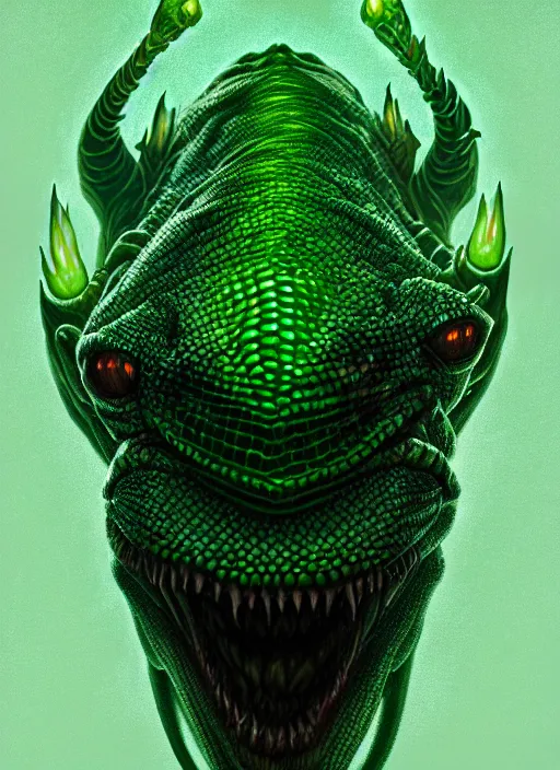 Image similar to symmetry!! portrait of a lizard man, dark green scales, horror, white glowing eyes, night time lighting, intricate, scary, highly detailed, digital painting, artstation, concept art, smooth, sharp focus, illustration, art by greg rutkowski