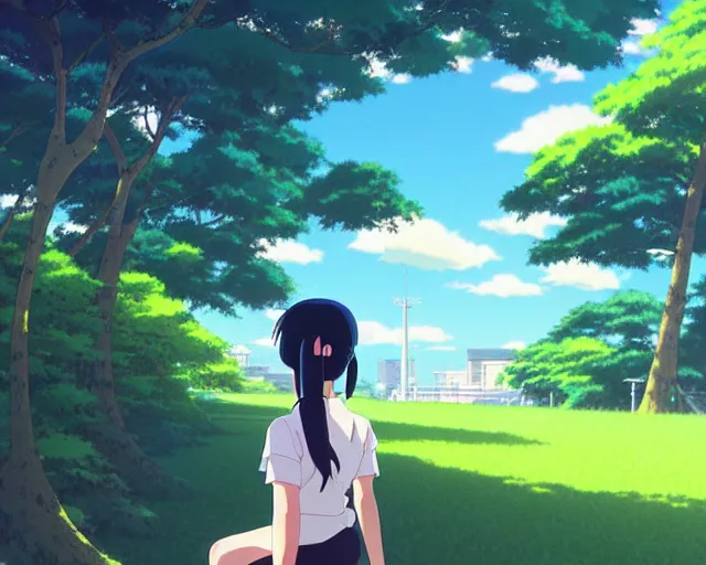 Image similar to hinata hyuga, park in background, bokeh. anime masterpiece by Studio Ghibli. illustration, sharp high-quality anime illustration in style of Ghibli, Ilya Kuvshinov, Artgerm