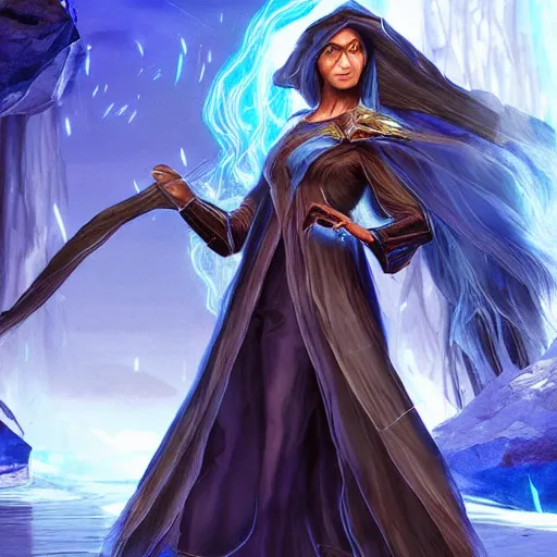 Image similar to a confident mage woman with long blue cape and brown flowing hair!! disovering ark survival evolved! inside a futuristic portal!!