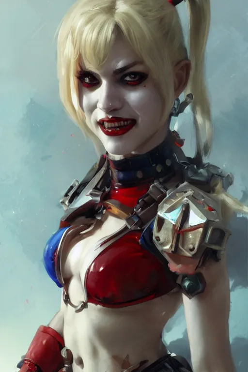 Image similar to portrait of Harley Quinn in bikini armor, dc comics, cyberpunk, Warhammer 40000, digital art from artstation by Ruan Jia and Mandy Jurgens and Artgerm and william-adolphe bouguereau