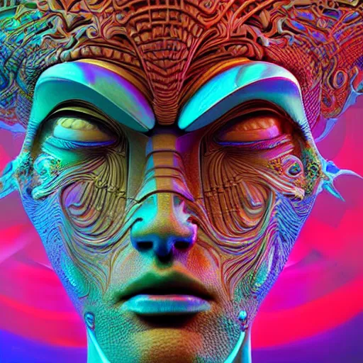 Image similar to Face of a Alien Deity, corals, circuitry, plume made of geometry, extremly detailed digital painting, sharp focus in the style of android jones, artwork of a futuristic artificial intelligence superstar, mystical colors, rim light, beautiful lighting, 8k, stunning scene, raytracing, octane, under water visual distortion, dark tones colors, trending on artstation