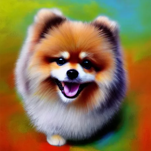 Prompt: portrait of a cute fluffy pomeranian dog with long fur with colorful cheetah spots hybrid animal detailed painting 4 k