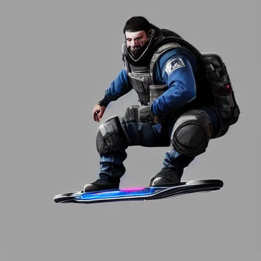 Prompt: Montagne from Rainbow Six Siege standing on a chair that's on a hoverboard