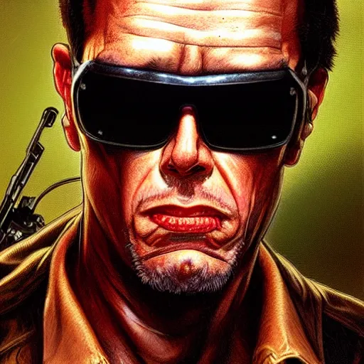 Image similar to portrait of The Nostalgia Critic as The Terminator , goofy, intricate, headshot, highly detailed, digital painting, artstation, concept art, sharp focus, illustration, art by artgerm and greg rutkowski and alphonse mucha