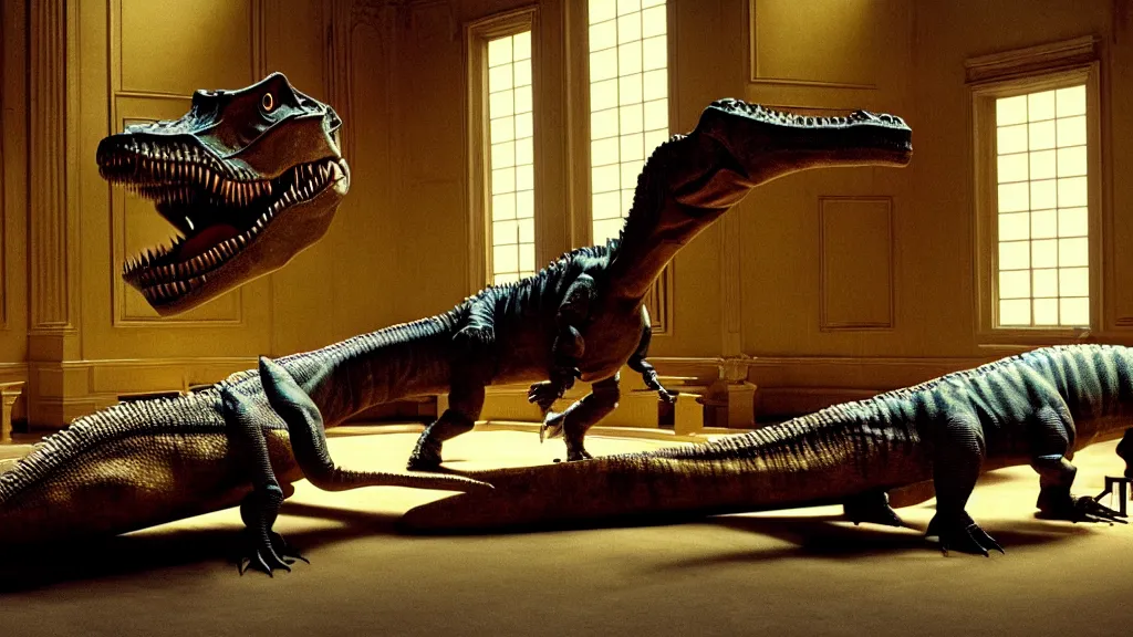 Prompt: a dinosaur lying on a couch at a museum, film still from the movie directed by David Fincher with art direction by Salvador Dalí, wide lens