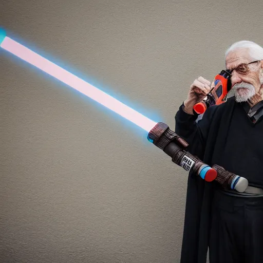 Image similar to elderly man with lightsaber, canon eos r 3, f / 1. 4, iso 2 0 0, 1 / 1 6 0 s, 8 k, raw, unedited, symmetrical balance, in - frame