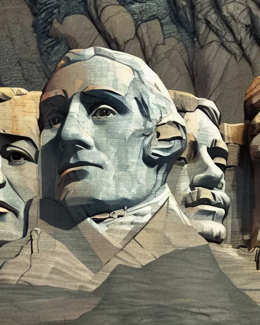 Prompt: painting of mount rushmore but with alan watts, epictetus and henry david thoreau, 3d render senior artist, photorealistic, textured, featured on artstation