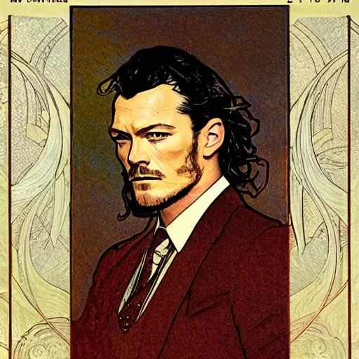 Image similar to luke evans portrait by louis - theophile hingre and alphonse mucha, realistic, sharp focus, zodiac signs, tarot cards, planets, ethereal, art nouveau, magic, moon, sun, crown, dreamy, royal, jewellery