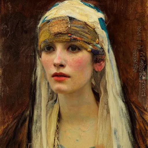 Image similar to Richard Schmid and Jeremy Lipking and Gustav Klimt portrait painting of a young beautiful woman priestess victorian orientalist in elaborate costume