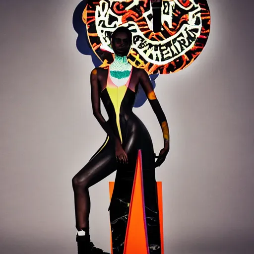 Image similar to black marble statue of a beautiful woman in the style of virgil abloh with in the background colorful motocross logos and traffic signs, colored smoke clouds, very very beautiful, detailed, off white, heron preston, 8 k, 4 k, detailed, beautiful, symmetrical, vogue, editorial, fashion, magazine, soft lighting