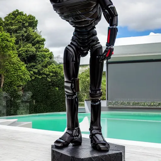 Image similar to a realistic detailed photo of a guy who is an attractive humanoid who is half robot and half humanoid, who is a male android, wrestler adolfo batista, shiny skin, posing like a statue, blank stare, by the pool, on display, showing off his muscles, humanoid robot, frozen ice statue