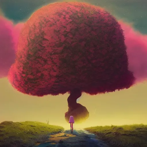 Image similar to giant cherry tree as a head, girl walking in a canyon, surreal photography, sunrise, dramatic light, impressionist painting, colorful clouds, digital painting, artstation, simon stalenhag