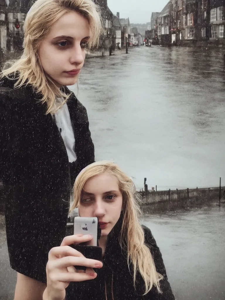 Prompt: cute annie leonhart taking a selfie with her iphone, dunwall city, beautiful face, natural lighting, rainy weather, gothic architecture, natural reflections, model agency, instagram photo, depression atmosphere, shot on iphone 1 3 pro, natural beauty, postprocessing