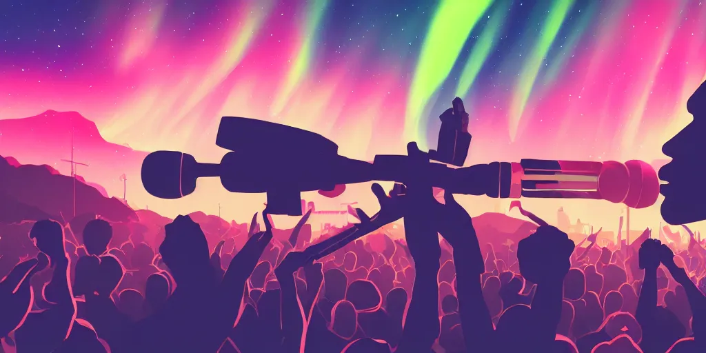 Prompt: microphone held forward, foreshortening, silhouette, huge crowd, outrun, hip hop, digital art, Aurora borealis, trending on Artstation, professional artist, detailed, 4k