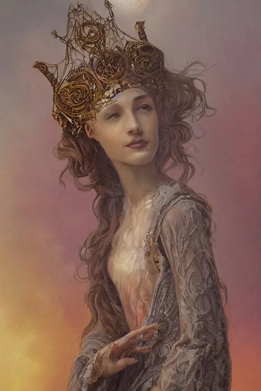 Image similar to elaborately hyperdetailed Surrealist pre-raphaelite illustration of an extremely beautiful regal woman with an imponent crown, eerie mist and ethereal pink bubbles, Aetherpunk, atmospheric lighting, bright background, moonlight, high fantasy professionally painted digital art painting, smooth, sharp focus, highly detailed illustration highlights, backlight, golden ratio, 8K detail post-processing, symmetrical facial features, rich deep moody colors, award winning picture, Daily Deviation on DeviantArt, trending on cgsociety, featured on ArtstationHQ, very coherent symmetrical artwork, concept art