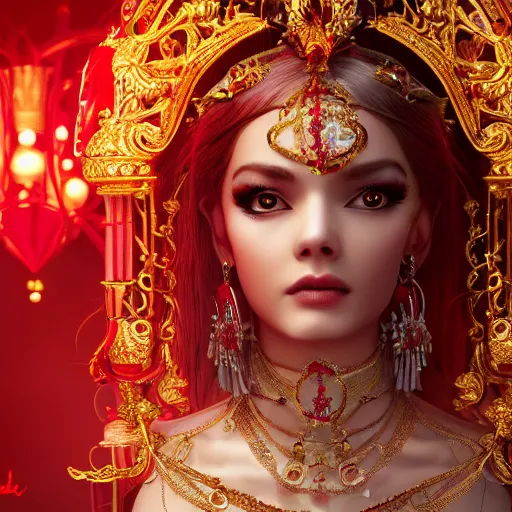 Image similar to photograph of wonderful princess with smooth fair skin, alluring eyes, red jewelry, breathtaking, elegant, ornate, intricate, hyper detailed, accent lighting, dramatic light, 4 k octane render