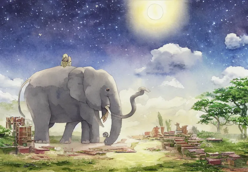 Image similar to a hyperrealist watercolor concept art from a studio ghibli film showing a giant grey chibi elephant. a temple is under construction in the background in india on a misty and starry night. by studio ghibli. very dull muted colors