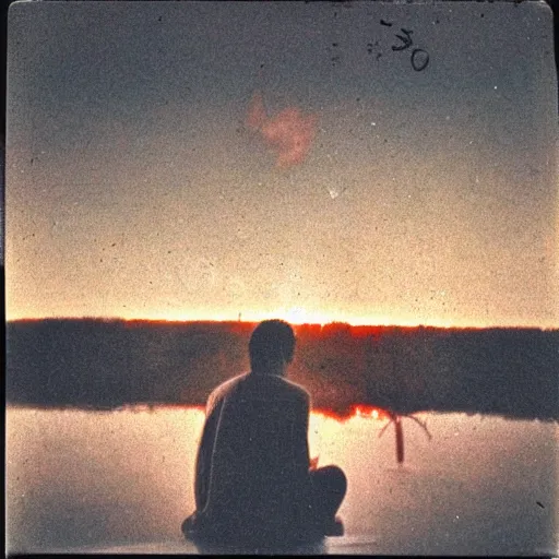 Image similar to extremely sad scene of a man sitting on the edge of a lagoon, mist, bloody sunset, polaroid photography from the 70s