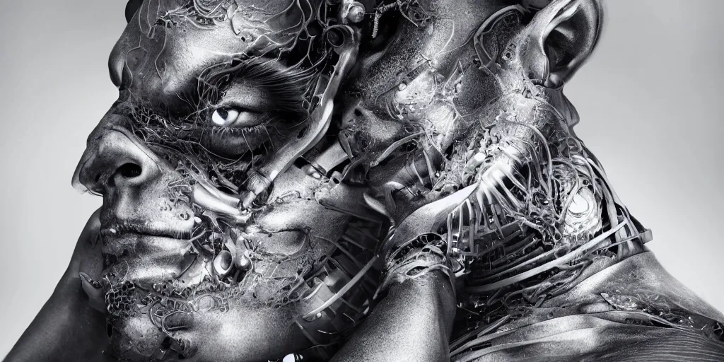Prompt: hyper realistic photography of a stunningly beautiful cyborg male, intimately holding close, in the style of beth cavener, jin kagetsu,, and wlop, highly detailed, intricate filigree, symmetry, masterpiece, award winning, sharp focus, concept art, highkey lighting, ambient lighting, octane render, 8 k, artstation