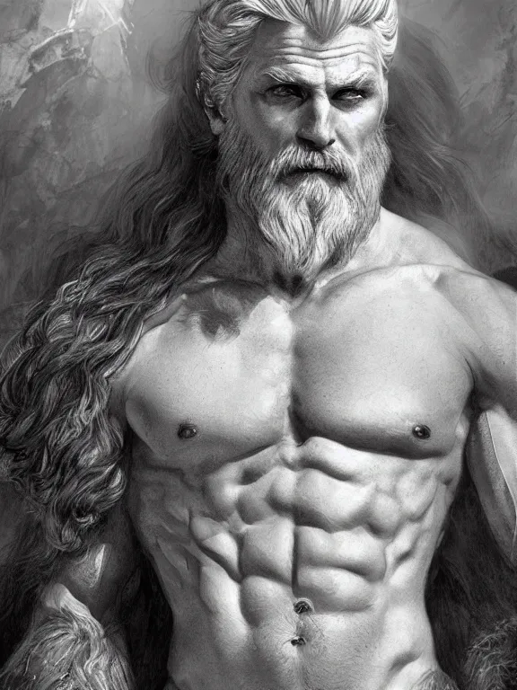 Image similar to ainted portrait of rugged odin, god of war, norse god, white hair, masculine, mature, handsome, upper body, grey and silver, muscular, hairy torso, fantasy, intricate, muscular, elegant, highly detailed, digital painting, artstation, concept art, smooth, sharp focus, illustration, art by gaston bussiere and alphonse mucha