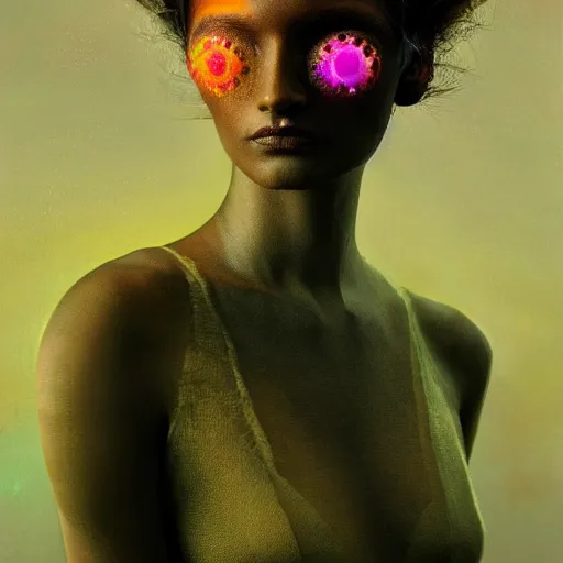 Prompt: a close - up shot of a brown woman wearing a luminous armor made of neon jelly fishes. extremely soft lighting. fragile. haunting eyes!! coherent face!! no makeup!! muted colors. by ray caesar. by louise dahl - wolfe. by andrea kowch. surreal photography