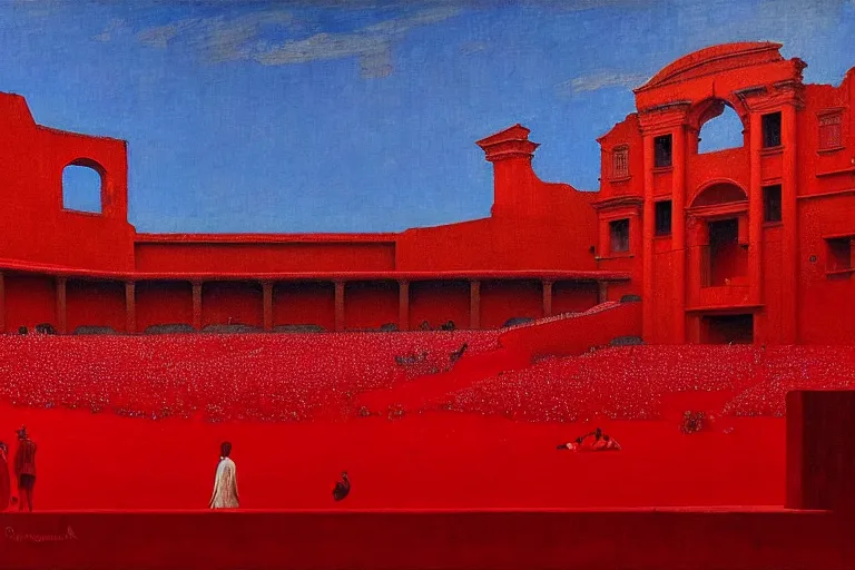 Image similar to only with red, a red great emperor, taormina amphitheatre, crowd with big smile, in the style of beksinski, parts by edward hopper, parts by rodcenko, parts by yue minjun, intricate and epic composition, red by caravaggio, insanely quality, highly detailed, masterpiece, red light, artstation, 4 k