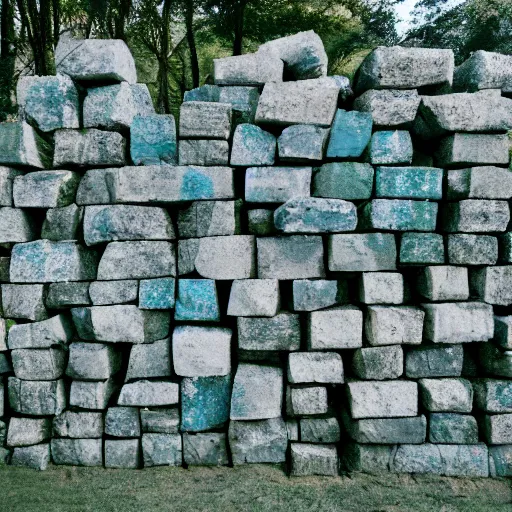 Prompt: a forest of trees made out of stone bricks with blue leaves