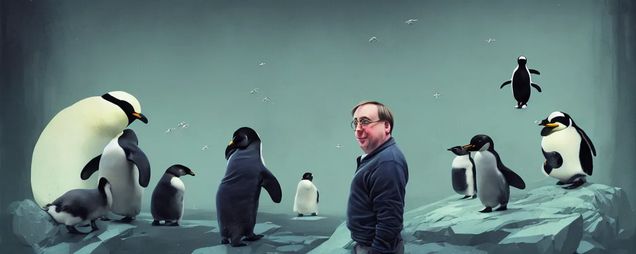 Image similar to duotone abstrac tconcept illustration 3 / 4 portrait of linus torvalds with penguins in the background. cinematic scene. vlumetric lighting. golden rario accidental renaissance. by sachin teng and sergey kolesov and ruan jia and heng z. graffiti art, scifi, fantasy, hyper detailed. octane render. concept art. trending on artstation