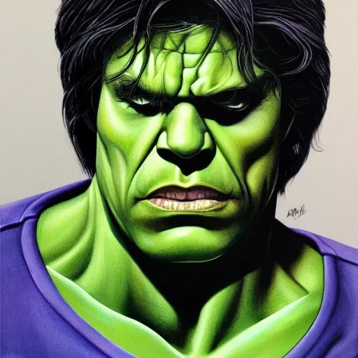 Image similar to the incredible hulk, painted by alex grey