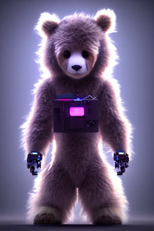 Prompt: high quality 3 d render very cute fluffy cyborg!! bear! plays electronic viola, cyberpunk highly detailed, unreal engine cinematic smooth, in the style of blade runner & detective pikachu, hannah yata charlie immer, moody light, low angle, uhd 8 k, sharp focus