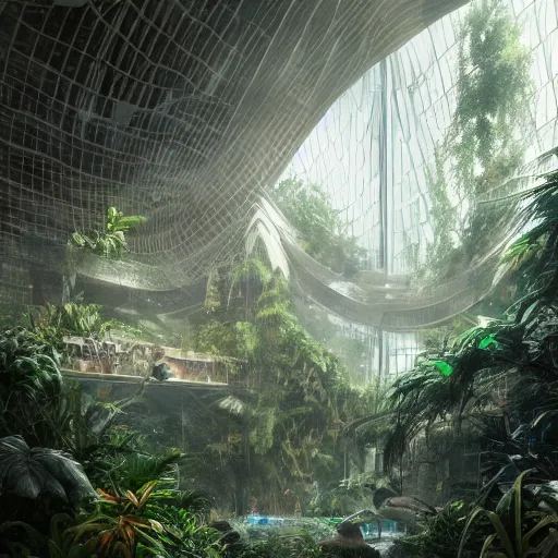 Prompt: stunning indoor jungle by greg rutkowski inside epic high technology biodome designed by zaha hadid, ultra detailed, highest quality, trending on artstation, 8 k