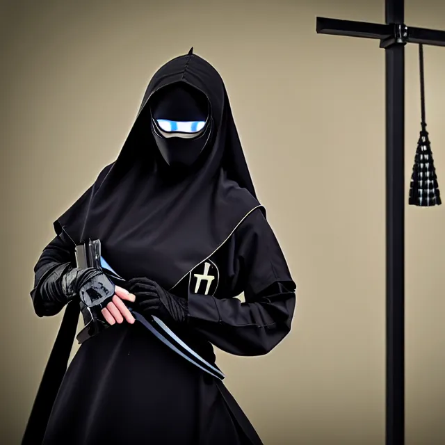 Prompt: cyber nun ninja warrior with weapons, highly detailed, 8 k, hdr, smooth, sharp focus, high resolution, award - winning photo