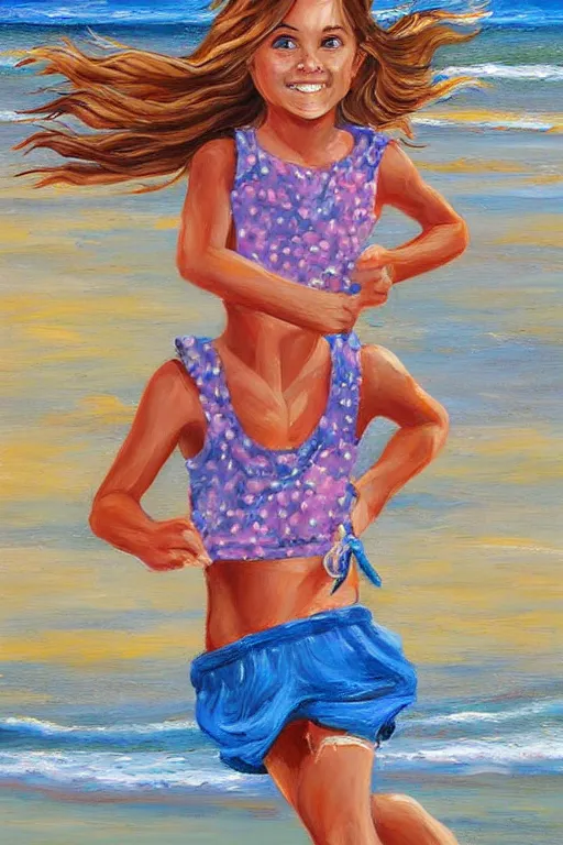 Image similar to oil painting detailed girl running on the beach and shoreline painted by jeremiah ketner and James Gurney