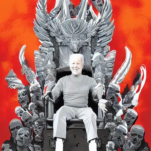 Prompt: Joe Biden sitting on a throne of skulls, digital painting