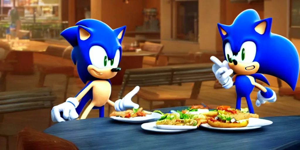 Prompt: A render of Sonic sitting across from Shadow at a restaurant, Sonic looks like he is shocked, Shadow is looking away in disgust, they both have hamburgers in front of them on a plate, movie, HDR, warm lighting, interesting camera angle