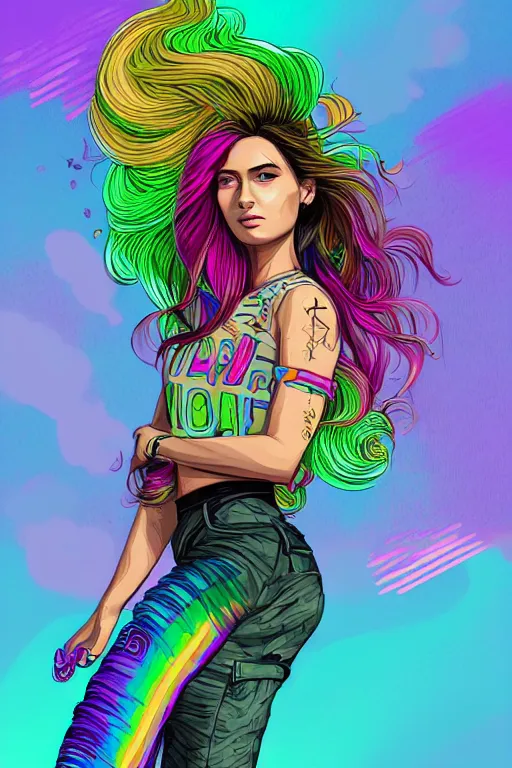 Image similar to a award winning half body portrait of a beautiful woman with stunning eyes in a printed croptop and cargo pants with rainbow colored ombre hairstyle head in motion and hair flying by josan gonzales, outrun, vaporware, shaded flat illustration, digital art, trending on artstation, highly detailed, fine detail, intricate