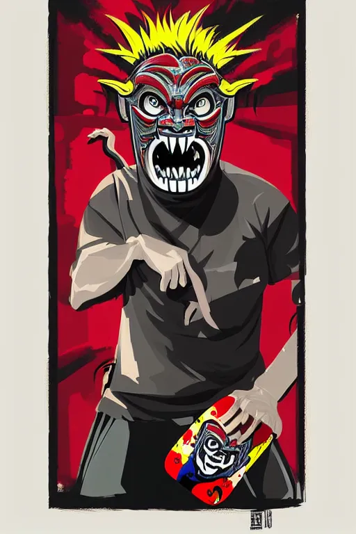 Image similar to guy wearing oni mask and bring skateboard. pop art, without duplicating image!!!, extreme details, digital painting, vector image, concept art, smooth, sharp focus, illustration, intricate details, art by richard hamilton and mimmo rottela, pixels art by kirokaze and paul robertson