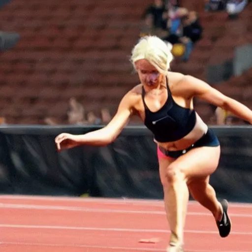 Prompt: A blonde woman super athlete breaks the sound barrier