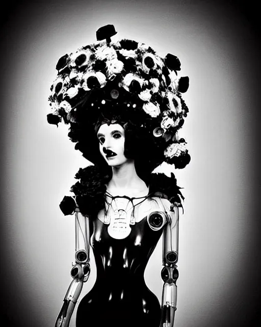 Image similar to dreamy surreal poetic black and white photo of a beautiful young bio-mechanical-female-jellyfish-cyborg-plant-plastic-robot with a very long neck and a super big gothic lace collar and a very high big floral crown with many black dry roses by Vivienne Westwood:: smoke, high fashion, haute couture, rococo, avant-garde, elegant, dreamy, hyper realistic, 150 mm lens, soft rim light, octane render, unreal engine, picture was taken in 1910 by Dora Maar, volumetric lighting, dramatic light,8k,