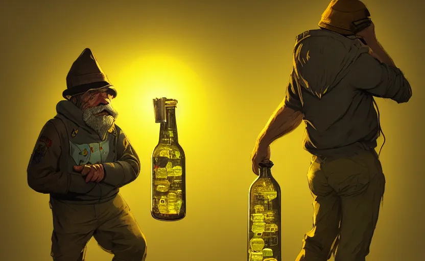 Image similar to hobocop with yellow plastic bag full of bottles from the disco elysium, concept art by aleksander rostov, artstation trending, symmetry, awesome exposition, very detailed, highly accurate, intricate, professional lighting diffracted lightrays, 8 k, sense of awe, gamers magazine cover