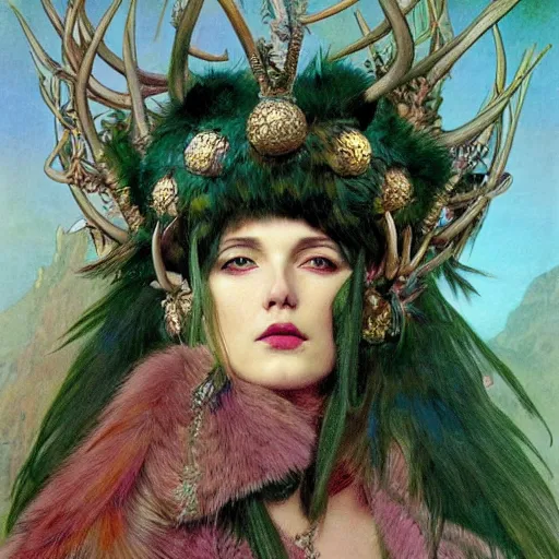 Prompt: a detailed portrait of a green haired queen of feathers with an antler crown by wayne barlowe and mucha