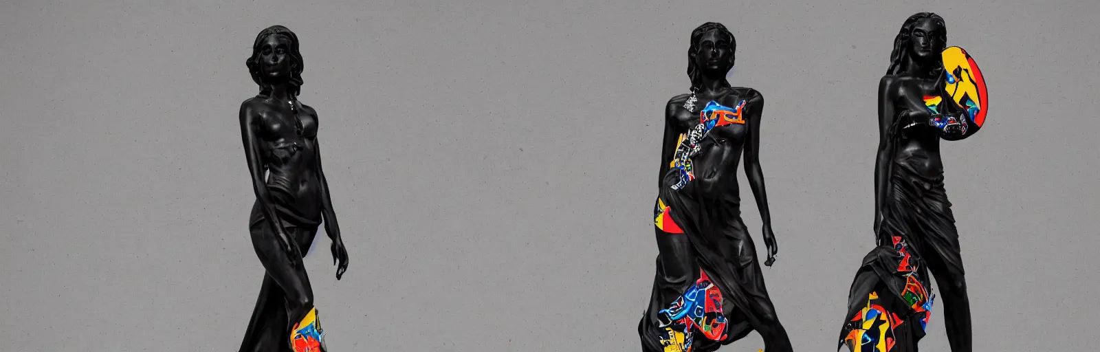 Image similar to black marble statue of a beautiful woman with colorful motocross logos in the style of virgil abloh, very very beautiful, detailed, off white, heron preston, 8 k, 4 k, detailed, beautiful, symmetrical, vogue, editorial, fashion, magazine, museum lighting, museum, gallery