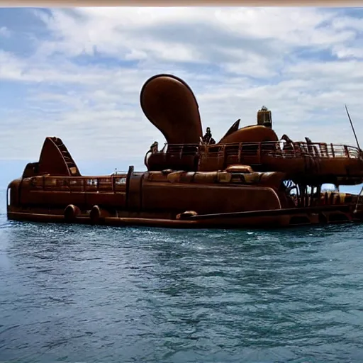 Image similar to a giant steampunk catamaran, amazing steampunk dieselpunk ship, giant catamaran in the ocean