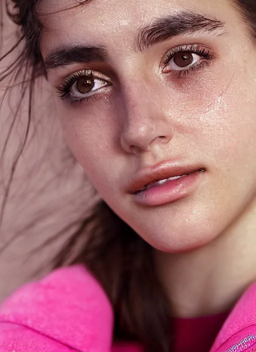 Image similar to A close-up photo of a Turkish 22 year old girl with hazel eyes and pink cheeks. Her hair is straight and tied into a ponytail. Shyly looking at the camera and slightly smiling. Detailed face features, hyper realism, studio, bokeh, shallow depth of filt, neutral background, telephoto lens, photography from Vogue magazine, by Lee Jeffries, Sigma 500mm f/5