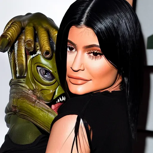 Image similar to kylie jenner held menacingly by an xenomorph, highly detailed, photorealistic, hyper realistic, slime, saliva, smooth