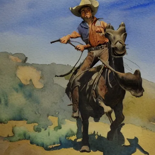 Image similar to a watercolor painting of a cowboy riding a dinosaur in the style of n. c. wyeth and in the style of james gurney.