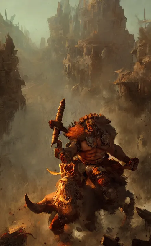 Image similar to a barbarian overlord charging an enemy, painting by Craig Mullins, octane rendering, soft morning lighting, wide angle lens, in the style of Hayao Miyazaki, trending on artstation,