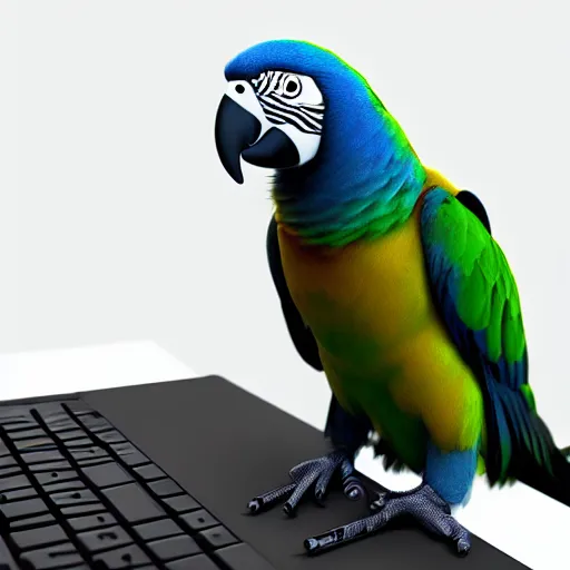 Image similar to “parrot using its beak to type on a keyboard, hd, volumetric lighting, photorealistic, octane render, photo, trending on artstation, flickr”