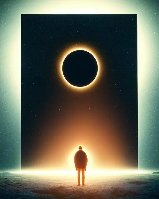 Image similar to a person standing in front of a glowy open door that's on a barren moon, poster art by mike winkelmann, trending on cg society, space art, sci - fi, ue 5, futuristic, volumetric lighting, light casting onto the ground, neat composition and camera angle