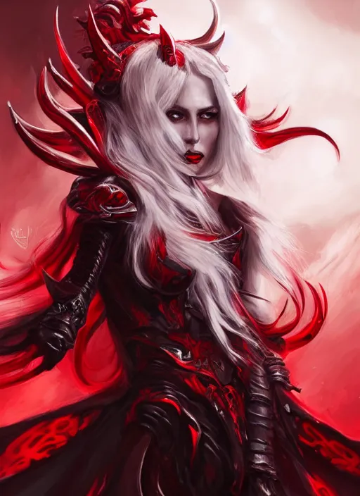 Image similar to a highly detailed illustration of fierce beautiful long white haired horned demon woman wearing red and black battle dress, dramatic imposing pose, perfect face, perfect body, intricate, elegant, highly detailed, centered, digital painting, artstation, concept art, smooth, sharp focus, league of legends concept art, wlop.